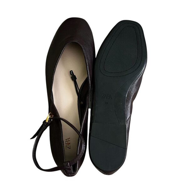 ZARA Women’s Leather Ballet Flats Chocolate Brown Size 8 Ankle Strap Buckle NWT - Picture 9 of 9